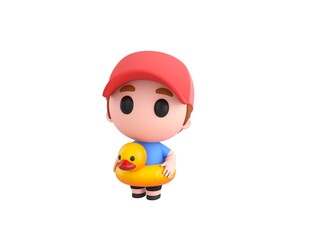 Little Boy wearing Red Cap character with inflatable duck ring in 3d rendering.