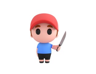 Little Boy wearing Red Cap character holding sharp knife in 3d rendering.