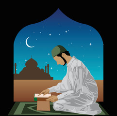 illustration of moslem man pray in colorfull background
