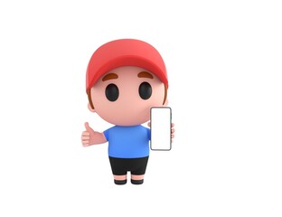 Little Boy wearing Red Cap character show his phone and give thumb up in 3d rendering.