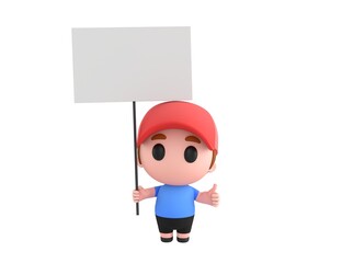 Little Boy wearing Red Cap character holding a blank billboard and give thumb up in 3d rendering.