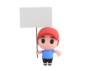 Little Boy wearing Red Cap character holding a blank billboard and give thumb down in 3d rendering.