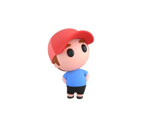 Little Boy wearing Red Cap character hides hands behind back and look up in 3d rendering.