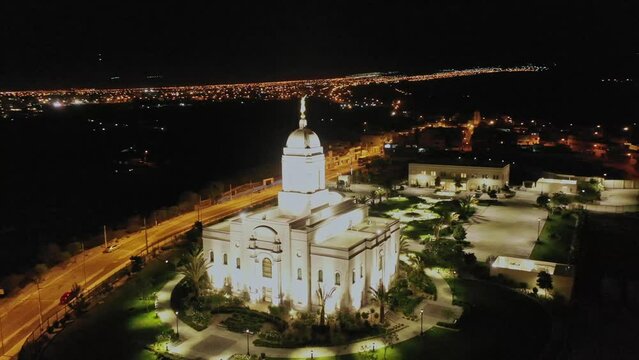 Aerial view of Temple is a temple of The Church of Jesus Christ of Latter-day Saints (LDS Church), Arequipa, Peru.