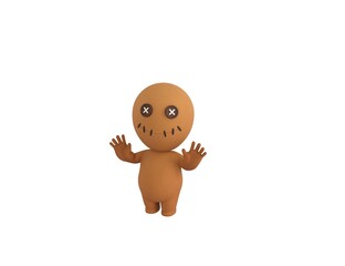 Fototapeta premium Little Voodoo Doll character raising hands and showing palms in surrender gesture in 3d rendering.