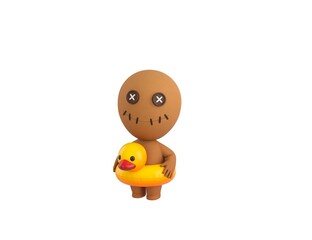 Little Voodoo Doll character with inflatable duck ring in 3d rendering.