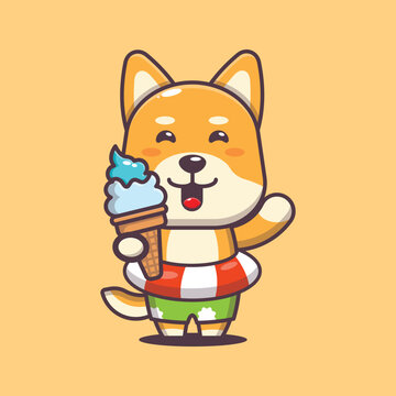 Cute shiba inu cartoon mascot character with ice cream on beach