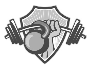 Hand Lifting Barbell Kettlebell Crest Grayscale