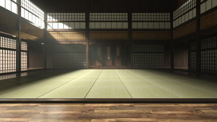 3D Illustration of a Traditional Japanese Style Dojo or Karate School with Haze in the Air - obrazy, fototapety, plakaty