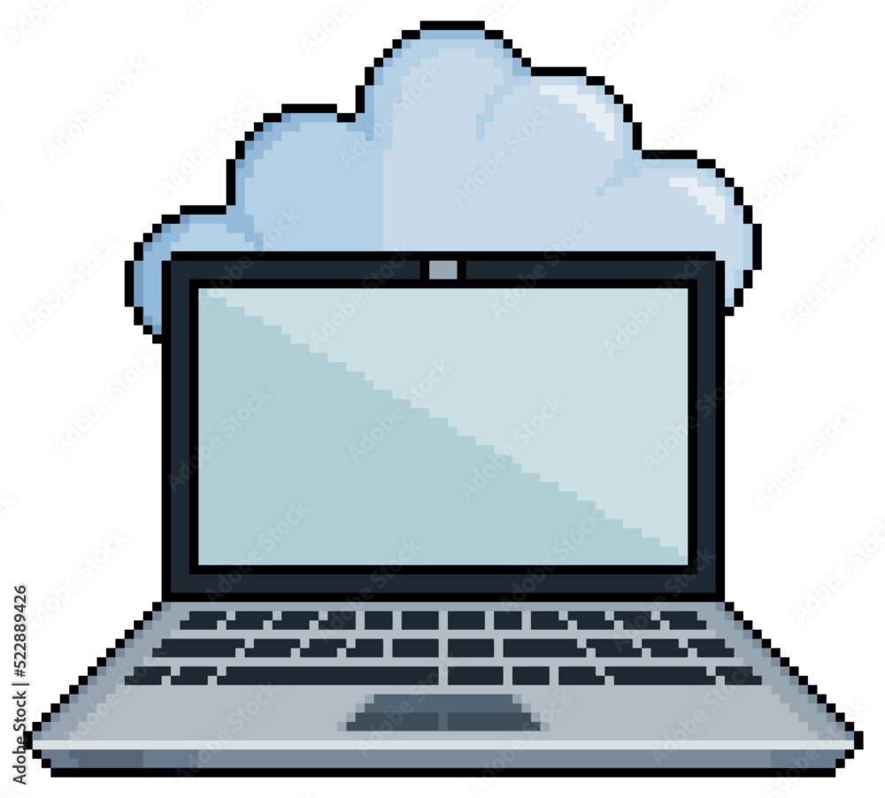 Aufkleber pixel art laptop and cloud. store data in the cloud vector icon for 8bit game on white background