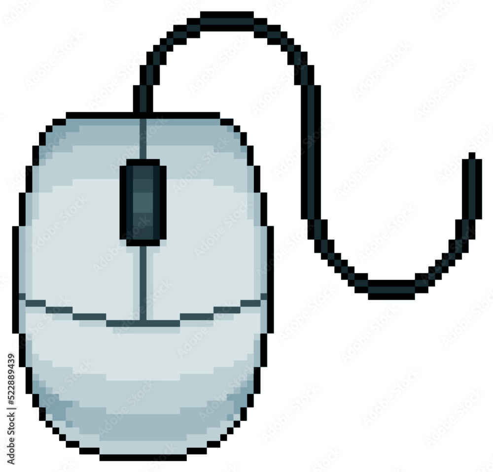 Poster pixel art computer mouse vector icon for 8bit game on white background