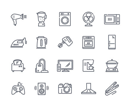 Household appliances line icon set. Washing machine, kettle and hair dryer, microwave, refrigerator and iron. Design elements for apps. Cartoon flat vector collection isolated on white background