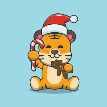 Cute tiger eating christmas cookies and candy. Cute christmas cartoon illustration.