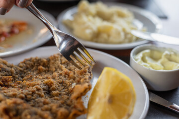 Authentic Argentine Cuisine: Savor the Delightful Taste of Our Crispy Milanesa with Creamy Mashed Potatoes and Tangy Lemon