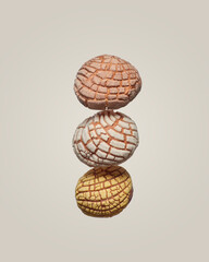 delicious mexican shells, artisan breads of three flavors, chocolate, sugar and vanilla flying in minimalist background