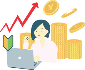 パソコンで上昇グラフを見て喜ぶ初心者の女性　/お金/投資