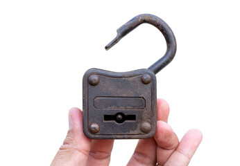 Old padlock in hand isolated on white background.
