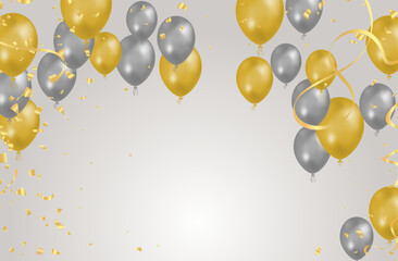 balloon gray and yellow background. Flying colorful balloons birthday party decoration. Anniversary celebration card, fun carnival holiday joy surprise © prathum