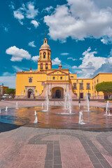 Santiago de Queretaro, Queretaro, Mexico, 09 07 22, Water fountain in front of the main entrance of the Temple and Convent of the Holy Cross of Miracles