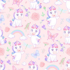Seamless vector pattern with baby unicorns, rainbows, butterflies and flowers on pink background.
