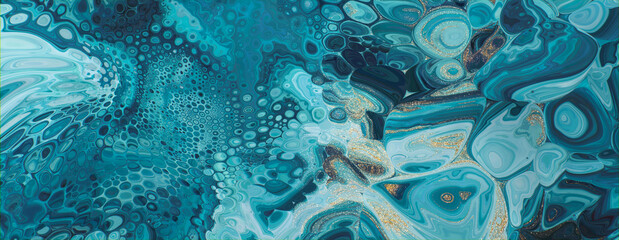 Liquid Swirls in Beautiful Teal and Blue colors, with Gold Powder. Elegant Art Banner.