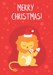 Funny red christmas greeting card with lion character