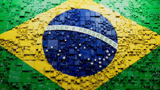Brazilian Flag rendered as Futuristic 3D blocks. Brazil Network Concept. Tech Wallpaper.