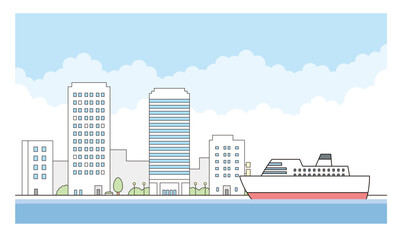 海と街並みと豪華客船のイラスト素材。