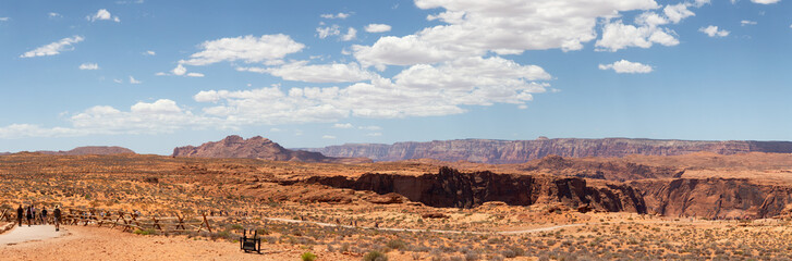 Desert in American Landscape with blue sky sunny summer day. Page, Arizona, United States of America. Nature Background Panorama