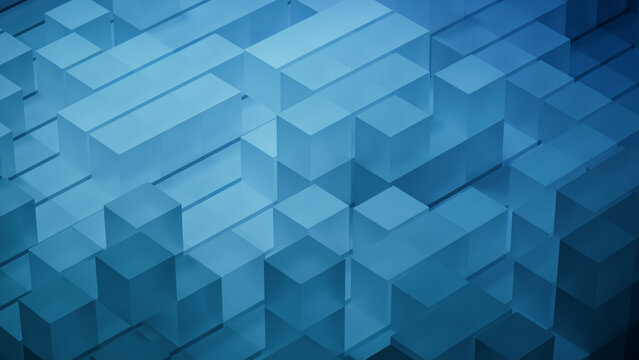 Innovative Tech Background with Neatly Constructed Translucent Cubes. Blue, 3D Render.