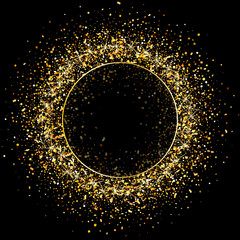 Gold round frame and golden glitter on dark background. Design element and place for your text. For Christmas, New Year celebration, holiday greeting card, invitation. Vector illustration