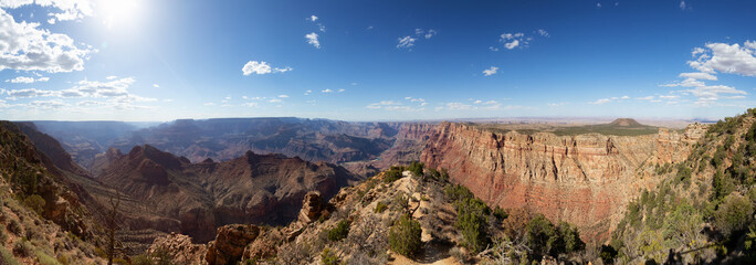 Desert Rocky Mountain American Landscape. Cloudy Sunny Sky. Grand Canyon National Park, Arizona, United States. Nature Background Panorama