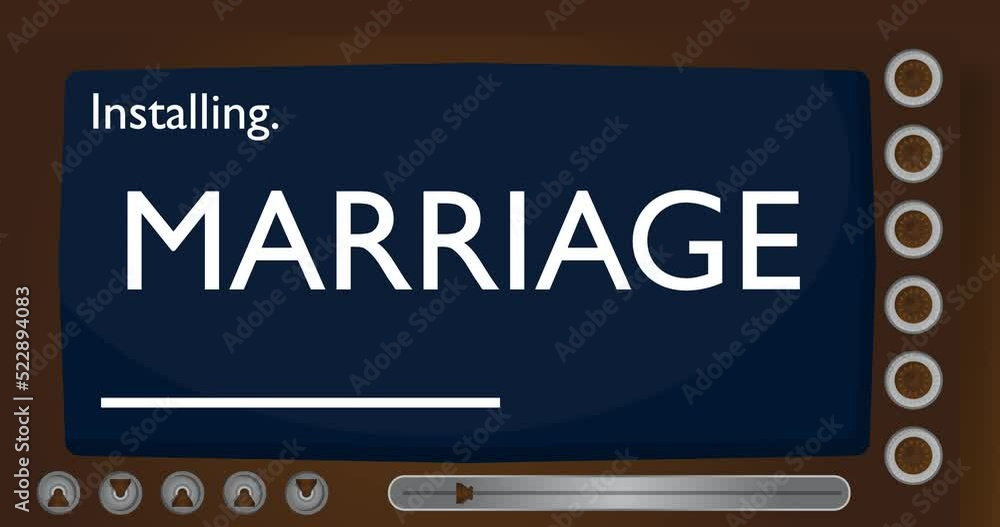 Poster cartoon computer with the word marriage. video message of a screen displaying an installation window