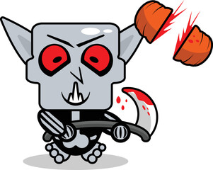 cute nosphere bone mascot character cartoon vector illustration holding bloody sickle