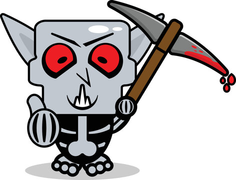 cute nosphere bone mascot character cartoon vector illustration holding bloody pickaxe