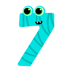 The number seven is made in the form of a cute monster. 7 with eyes. Isolated on a white background. Vector illustration.