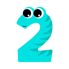 The number two is made in the form of a cute monster. 2 with eyes. Isolated on a white background. Vector illustration.