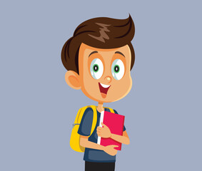 Student with Schoolbag Holding a Textbook Vector Cartoon Illustration. Happy child ready for literature class going back to school
