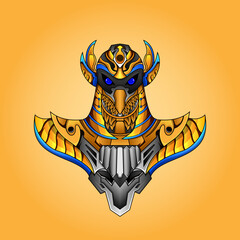 The lord of Horus Pharaoh God Face and head Egyptian Eagle esport logo. Pharaonic wings and the key to life and the Egyptian Eternal Sun mascot logo design