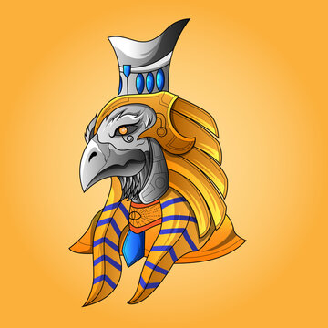 The lord of Horus Pharaoh God Face and head Egyptian Eagle esport logo. Pharaonic wings and the key to life and the Egyptian Eternal Sun mascot logo design