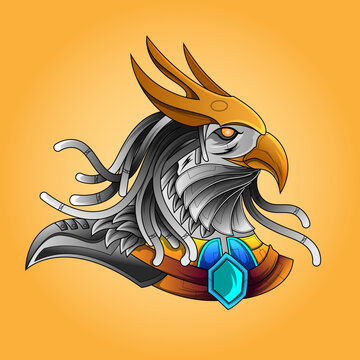 The lord of Horus Pharaoh God Face and head Egyptian Eagle esport logo. Pharaonic wings and the key to life and the Egyptian Eternal Sun mascot logo design