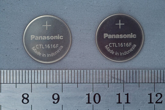 Two Panasonic CTL1616F Rechargeable Watch Coin-type Battery. Moscow, Russia, August 4, 2022.