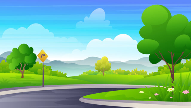 Winding road on the green hill with beautiful mountain natural landscape cartoon illustration