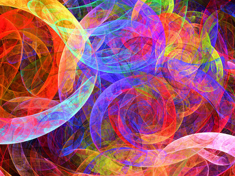 Imagen de arte abstracto digital compuesta de trazos sinuosos entrelazados en colores suaves en un todo que aparenta ser serpientes espaciales buscando una salida.