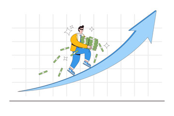 Investment profit growing, stock market growth, earn more income, increase wealth or financial, raise revenue, inflation concepts. Fund manager hold pile of money and running up on rising graph arrow