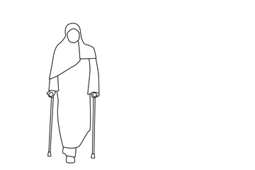 Illustration of muslim business woman walking with crutches. One line art style - obrazy, fototapety, plakaty