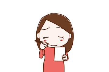 （上半身正面）一生懸命悩みながらメモを取ろうとする女性