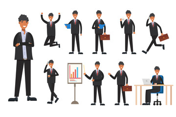 Flat design concept of Businessman with different poses, working and presenting process gestures, actions and poses. Vector cartoon character design set.