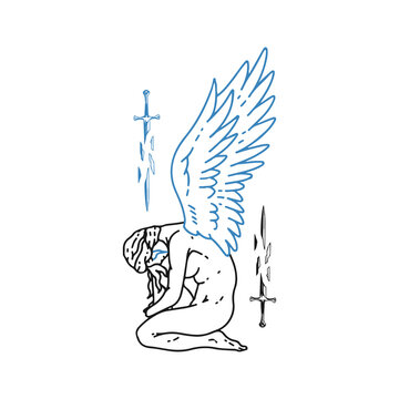 vector illustration of a winged angel being sad