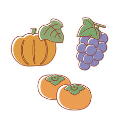 かぼちゃとぶどうと柿　秋の味覚　シンプルな手描きタッチ